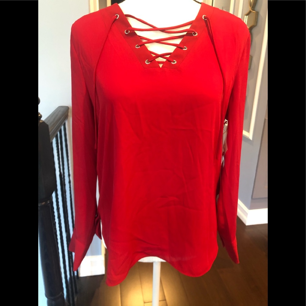 1. State red lace up blouse size Medium NWT